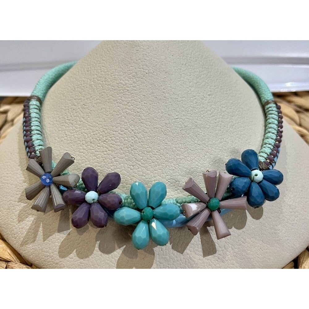 Beaded Flower Chocker Necklace Statement Bib Flower Necklace Blue Fairy Grunge